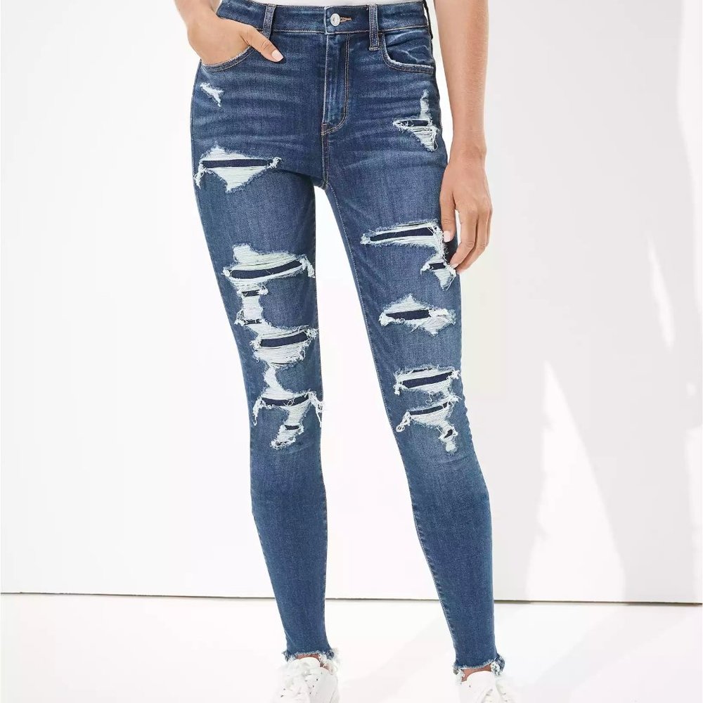 American Eagle Ripped Patched High Rise Skinny Jeans